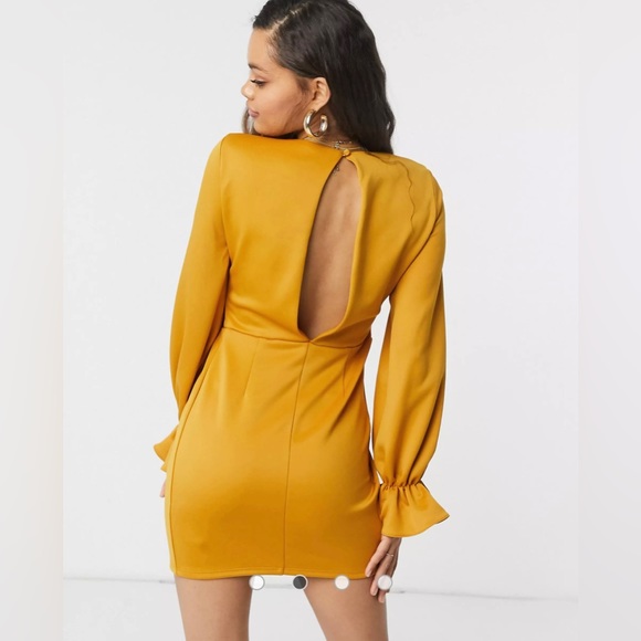 ASOS Design Petite Wrap Plunge Mini Dress with Flute Sleeve in Mustard - Picture 3 of 9